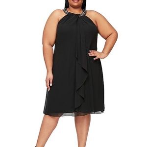 SLNY Braid Beaded Neck Chiffon Cascade Ruffle Dress, size 14W